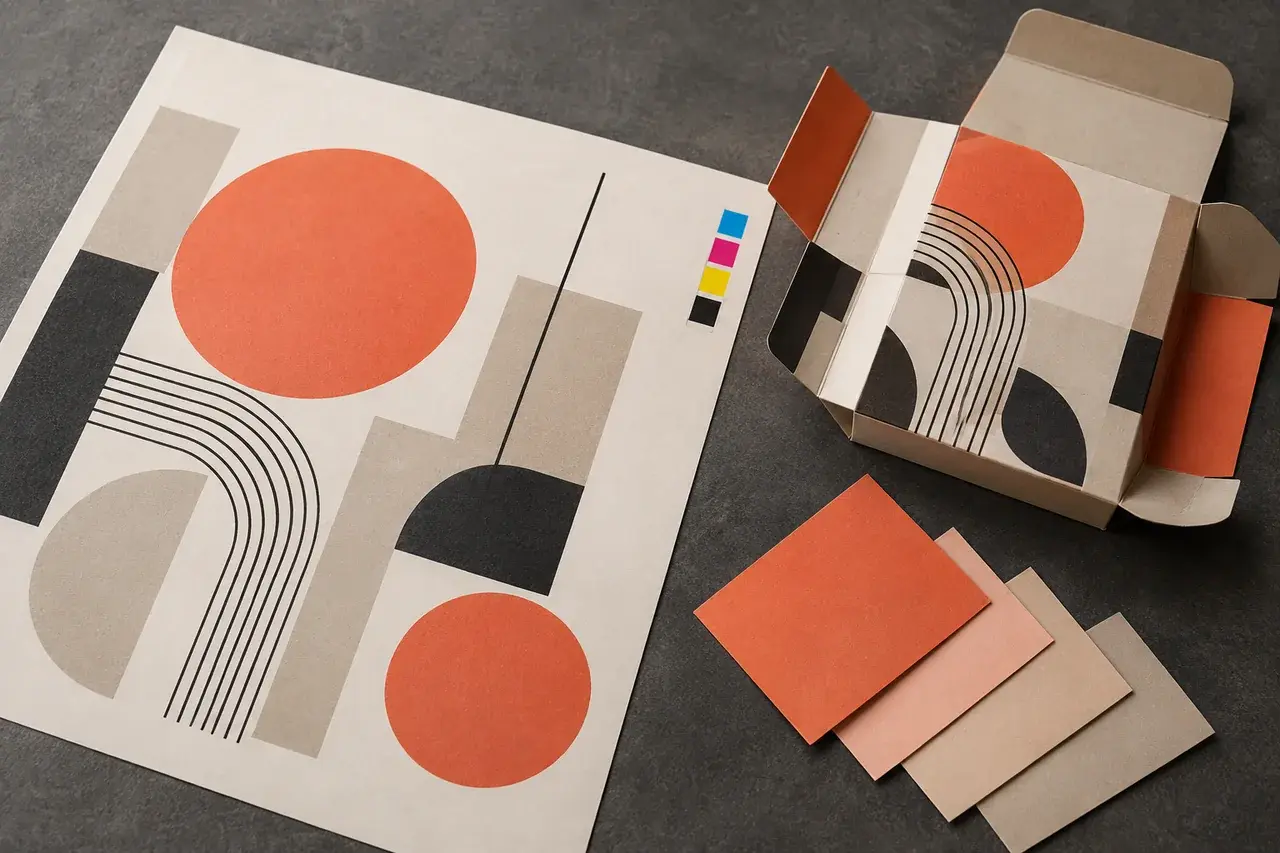AI-generated printed artwork sheet, carton mockup and unlabeled color swatches