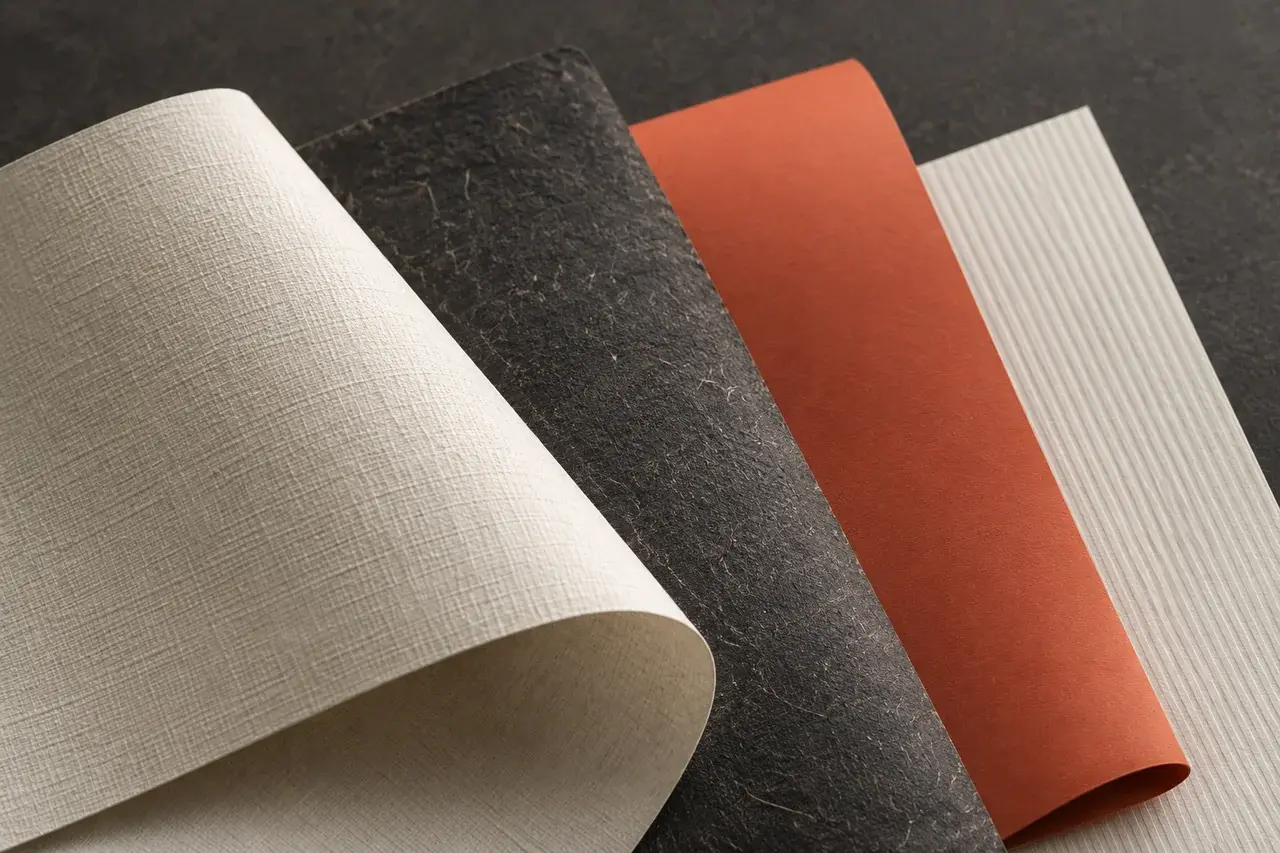 AI-generated material study of linen-textured ivory, charcoal, coral and ribbed specialty papers
