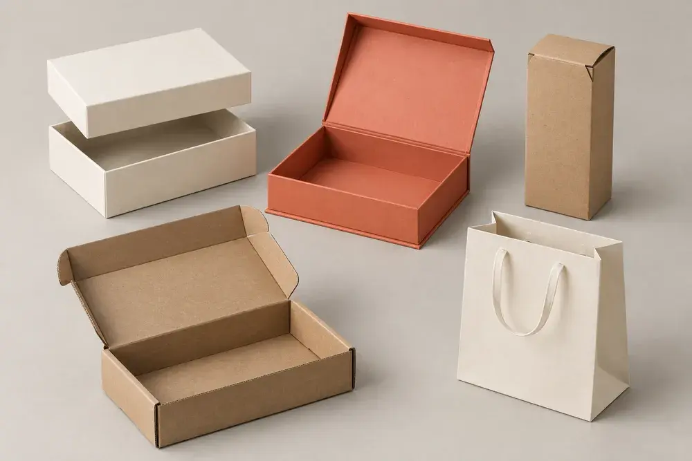 Packaging format examples: rigid box, magnetic box, folding carton, mailer and paper bag