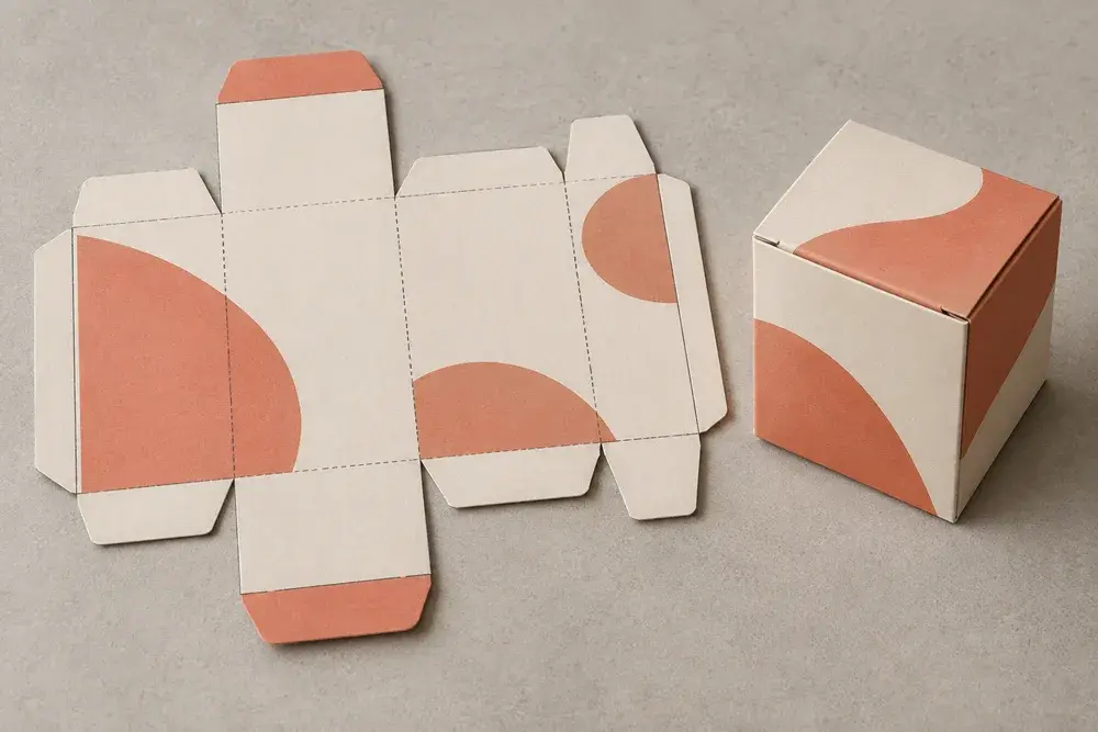Illustrative flat carton artwork beside an assembled packaging mockup