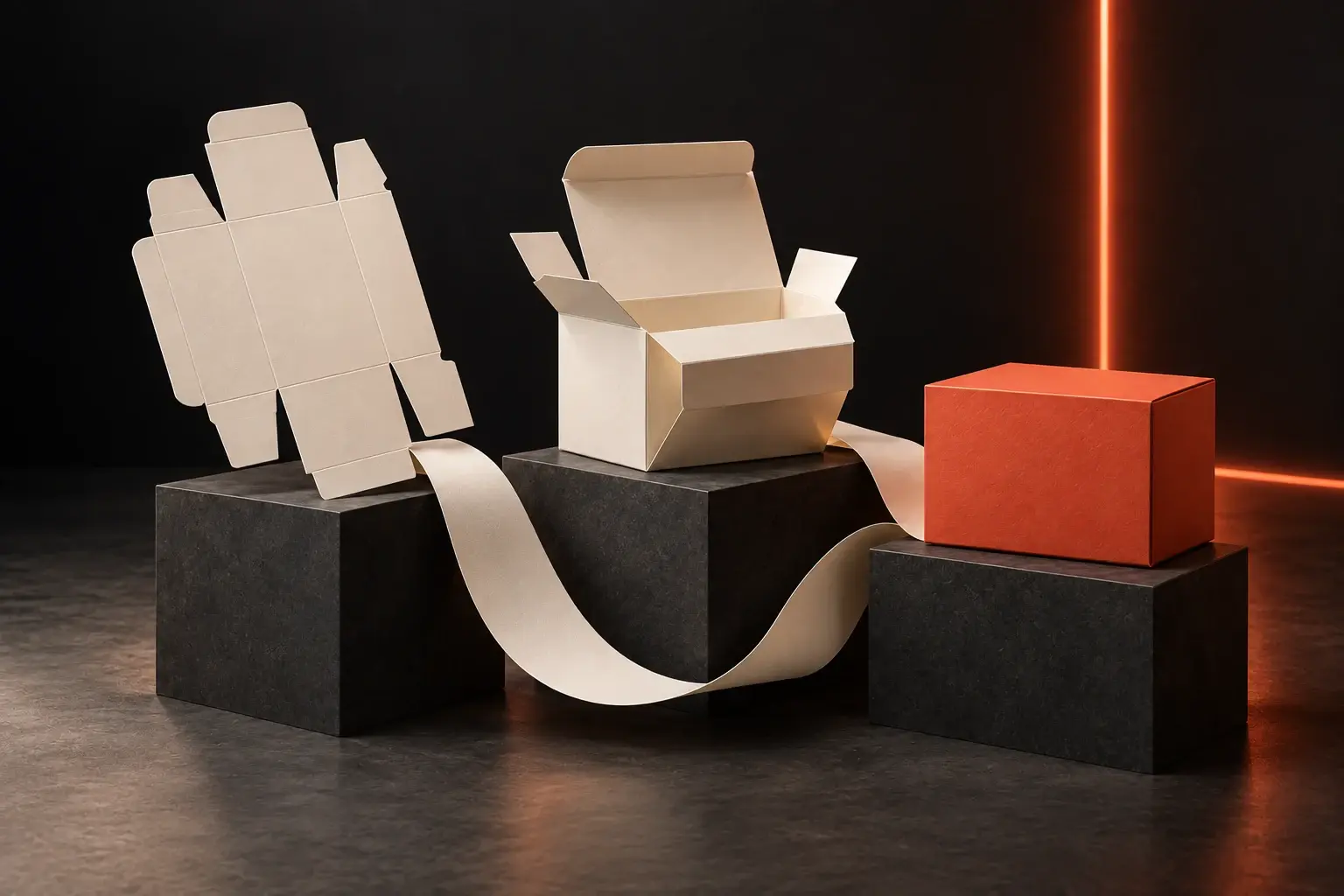 AI-generated packaging development concept with an ivory carton blank, assembled sample and finished coral carton on charcoal plinths