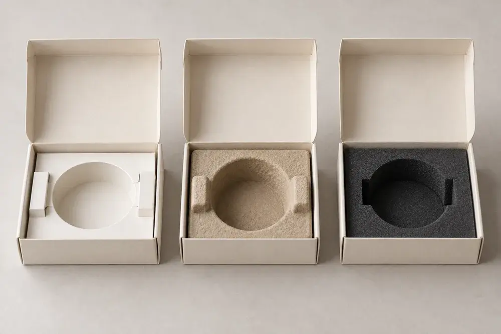 Three packaging insert concepts: folded paperboard, molded pulp and foam with circular product recesses
