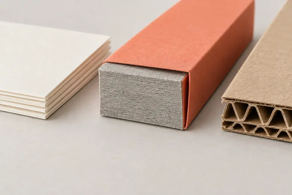 Material cross-section concepts comparing thin paperboard, wrapped greyboard and corrugated board