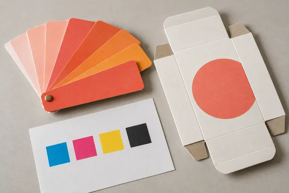 Print-color concept with coral reference swatches, CMYK color patches and a printed carton panel