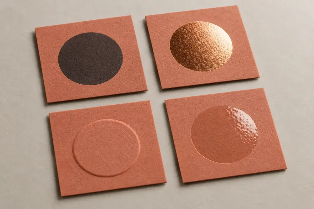 Illustrative coral paper swatches with flat ink, metallic foil, raised embossing and gloss varnish