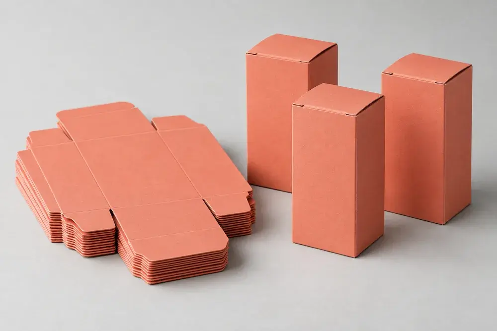 Batch-production illustration of matching printed carton blanks and assembled cartons