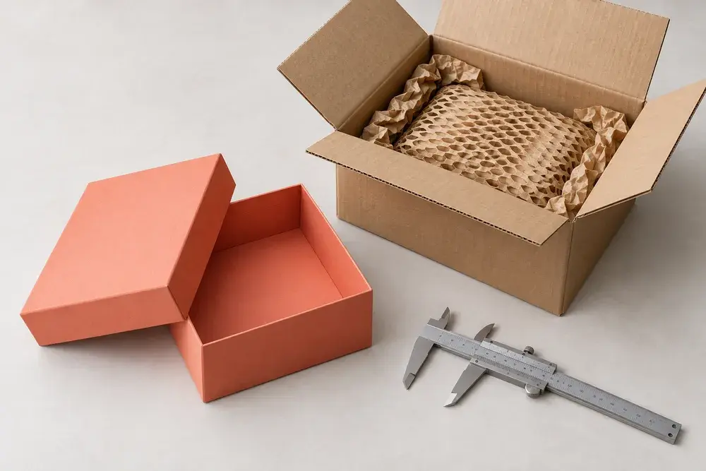 Inspection and packing concept with a caliper, finished box and cushioned shipping carton