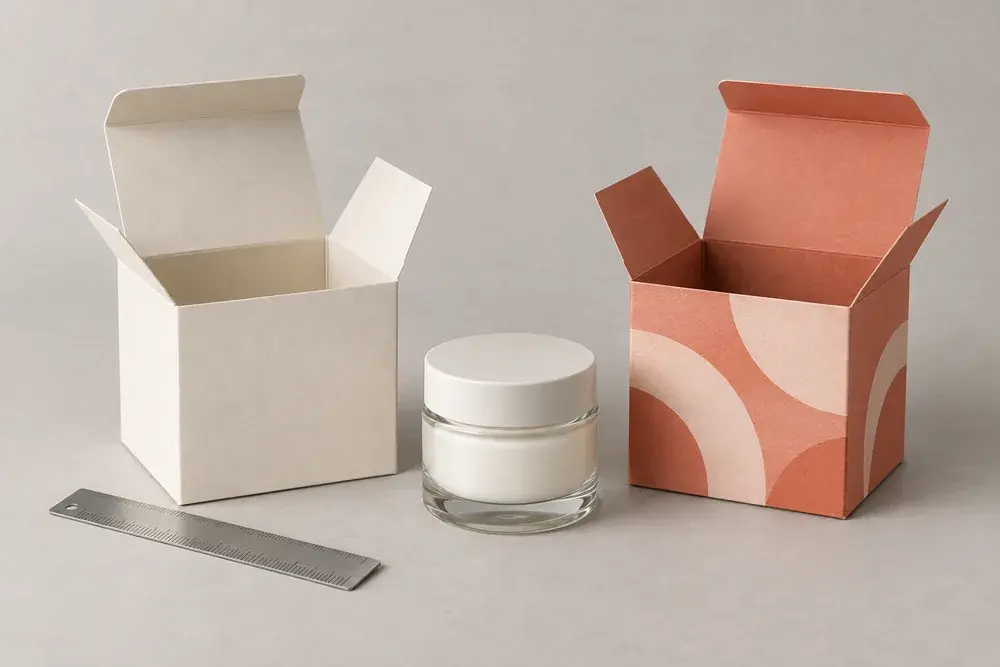 Unprinted and printed carton sample concepts beside a jar and ruler for a fit review