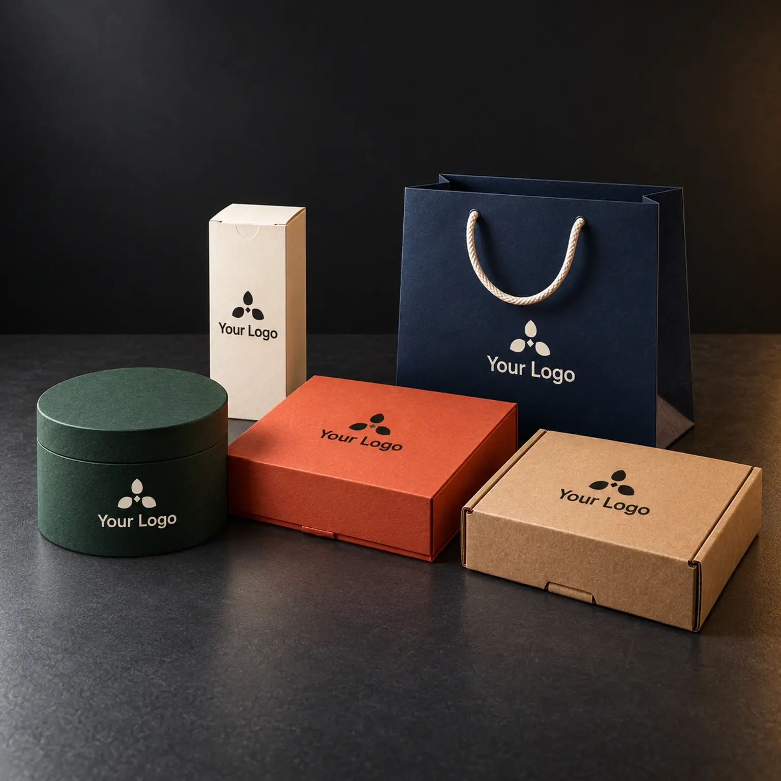 Five packaging formats printed with Your Logo and an original petal emblem in a charcoal studio