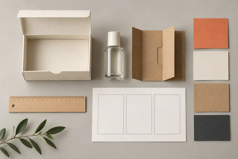 Illustrative packaging brief toolkit with product, sample box, material swatches, ruler and worksheet