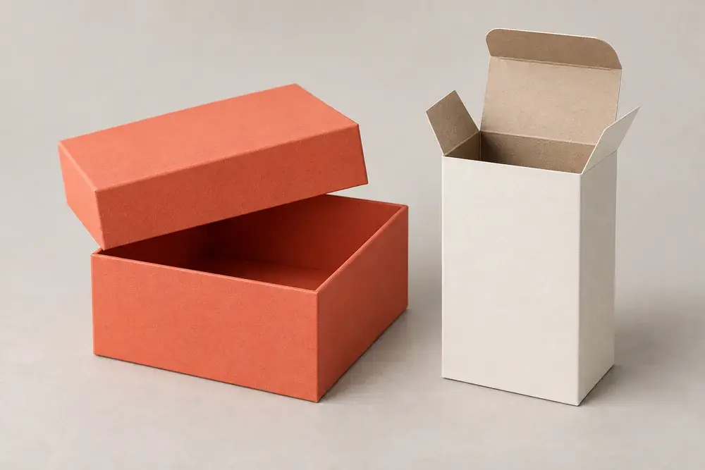 Concept comparison of a coral rigid box and an ivory folding carton