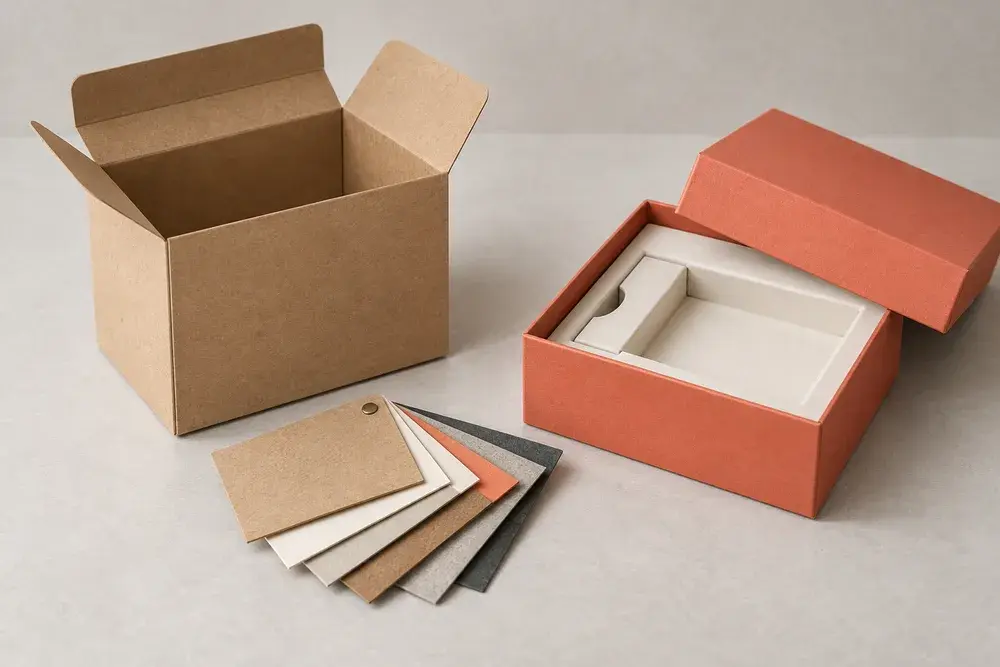Packaging cost illustration comparing a simple carton with a rigid box and insert