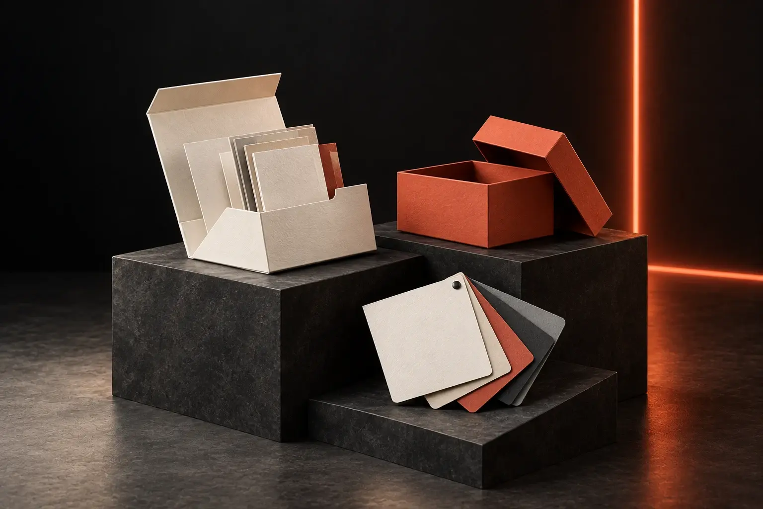 AI-generated packaging resource concept with an ivory sample folio, coral box and paper swatches on charcoal plinths
