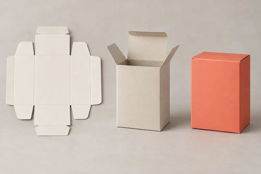 Development illustration of a flat dieline, unprinted sample and finished coral carton