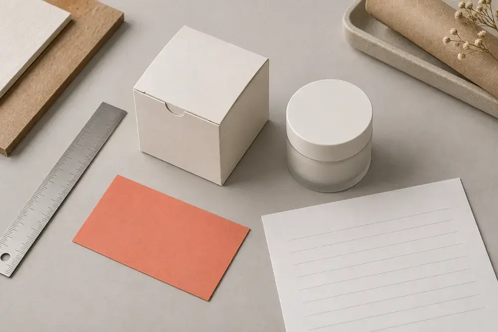 Quote preparation concept with a product, carton, ruler and specification sheet
