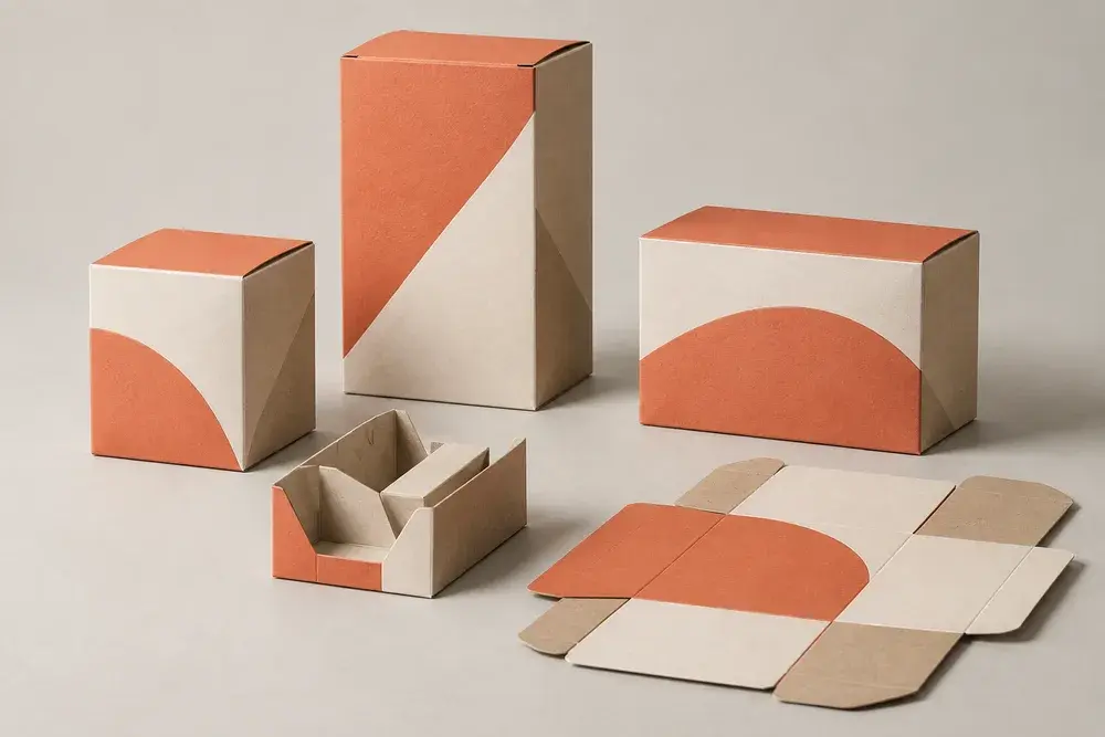 Illustrative adaptable coral and ivory carton family with a paper insert