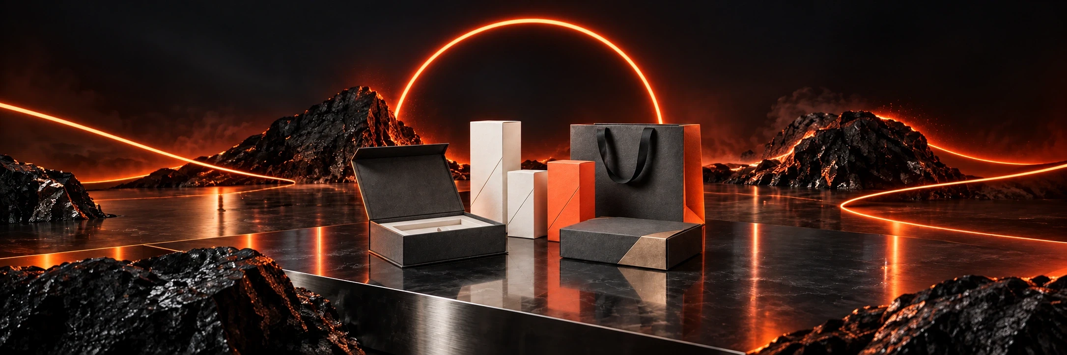Graphite and ivory custom paper boxes and a shopping bag under coral studio lighting; packaging concepts