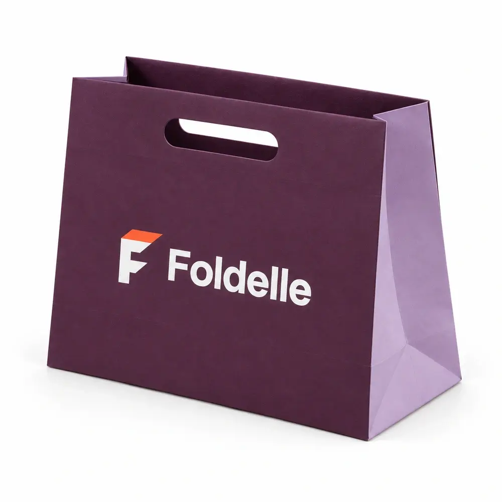 Alternate view of the plum with lilac accents die-cut handle bags with Foldelle artwork