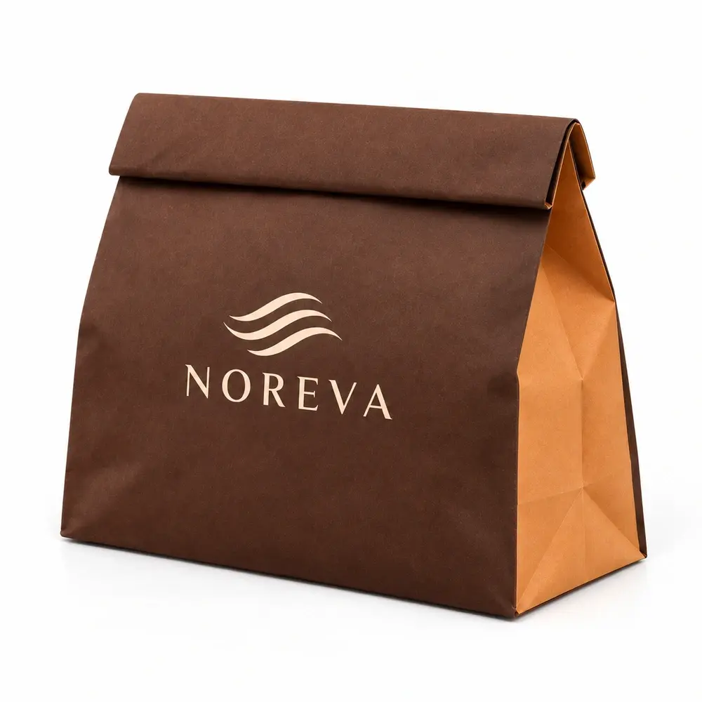 Alternate view of the chocolate brown with apricot accents fold-top paper bags with NOREVA artwork