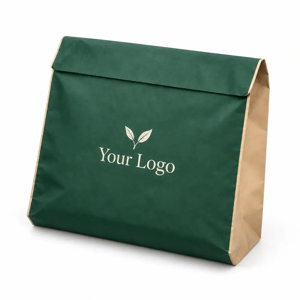Alternate view of the emerald with champagne accents paper dispatch bags with Your Logo artwork