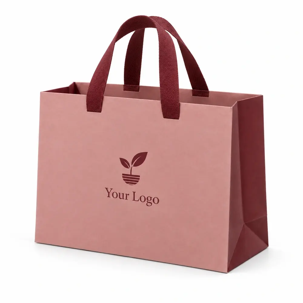 Alternate view of the dusty rose with burgundy accents ribbon-handle gift bags with Your Logo artwork