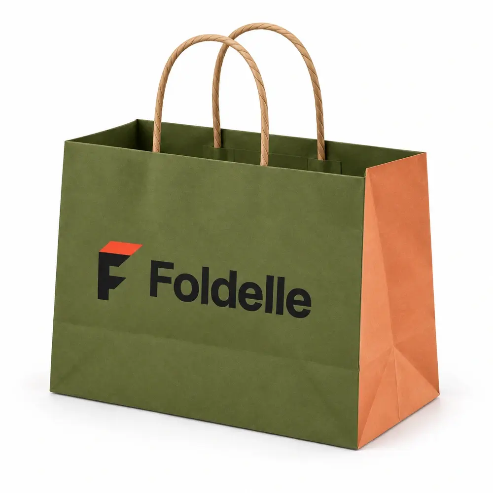 Alternate view of the olive green with apricot accents twisted-paper handle bags with Foldelle artwork