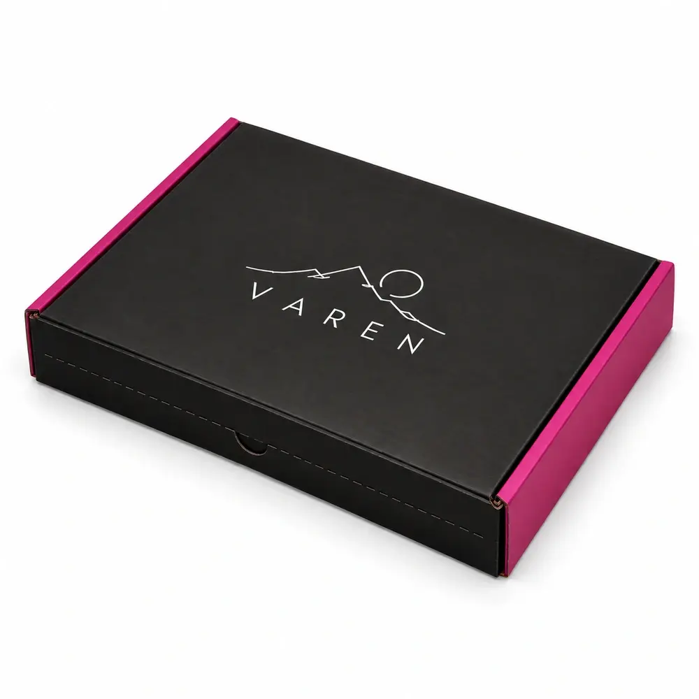 Alternate view of the black with fuchsia accents resealable mailer boxes with VAREN artwork