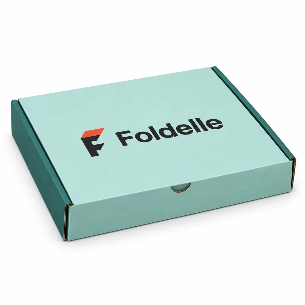 Alternate view of the seafoam with deep teal accents tabbed subscription mailers with Foldelle artwork