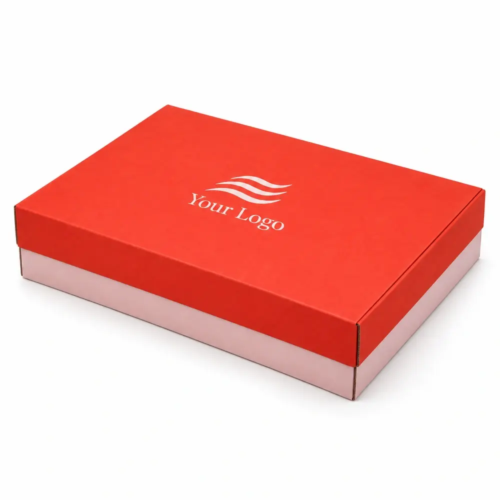 Alternate view of the vermillion with pale pink accents two-piece postal boxes with Your Logo artwork