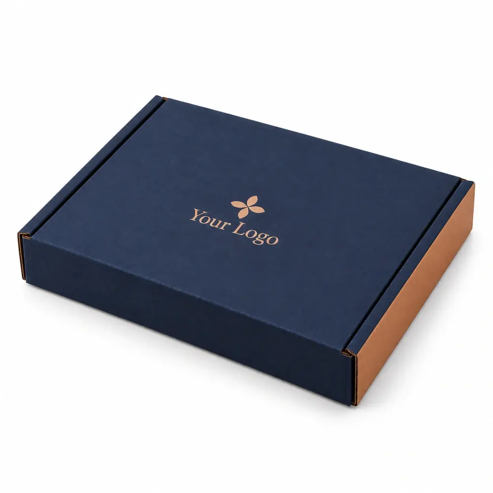 Alternate view of the navy with copper accents wraparound mailers with Your Logo artwork