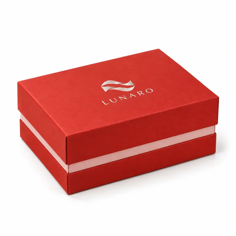 Alternate view of the vermillion with pale pink accents folding lid & base cartons with LUNARO artwork