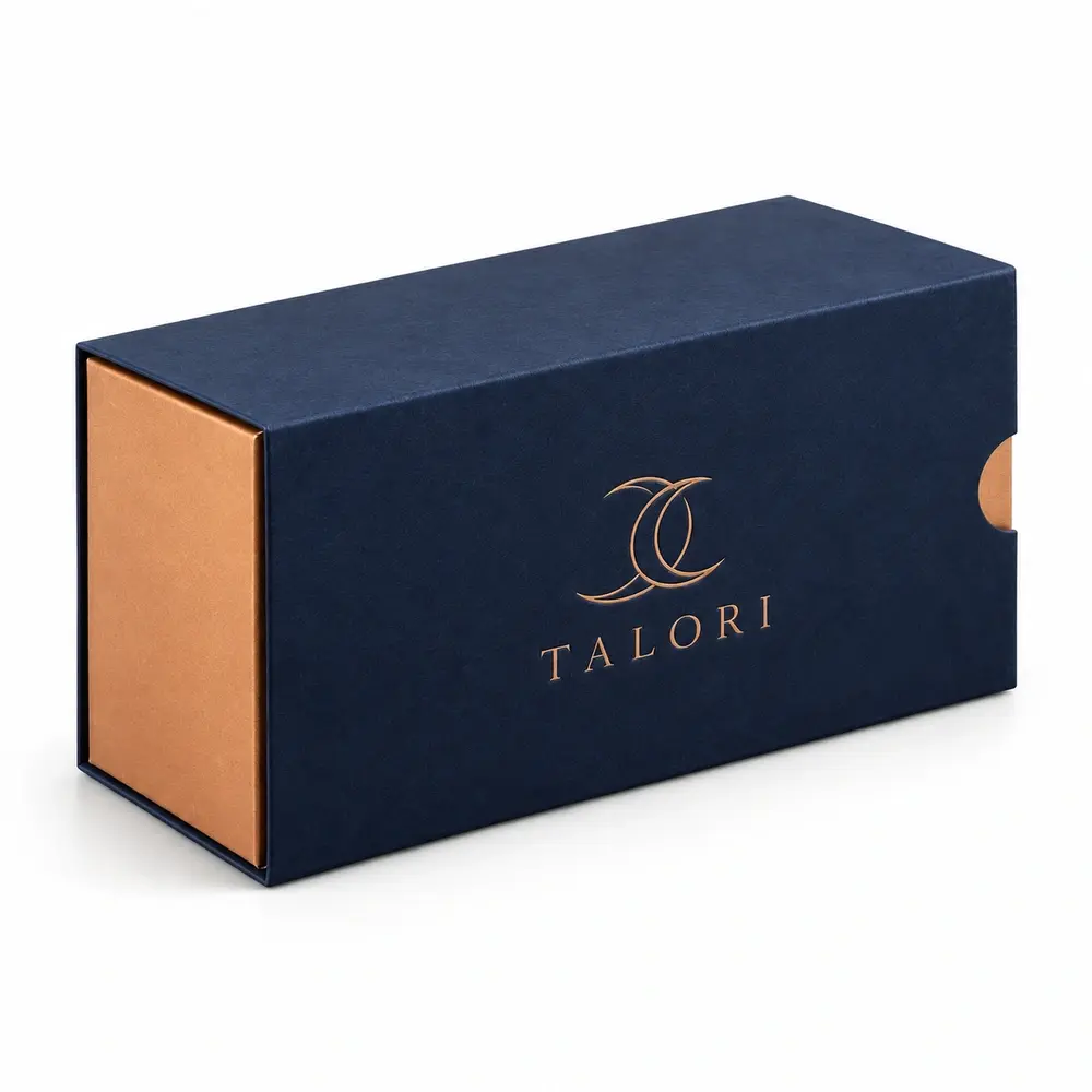Alternate view of the navy with copper accents sleeve & tray cartons with TALORI artwork