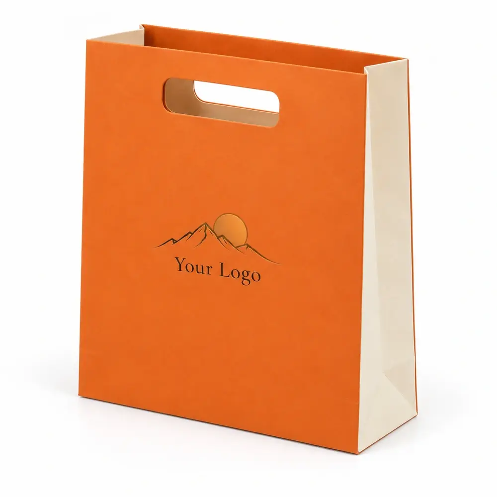 Alternate view of the tangerine with cream accents die-cut handle bags with Your Logo artwork
