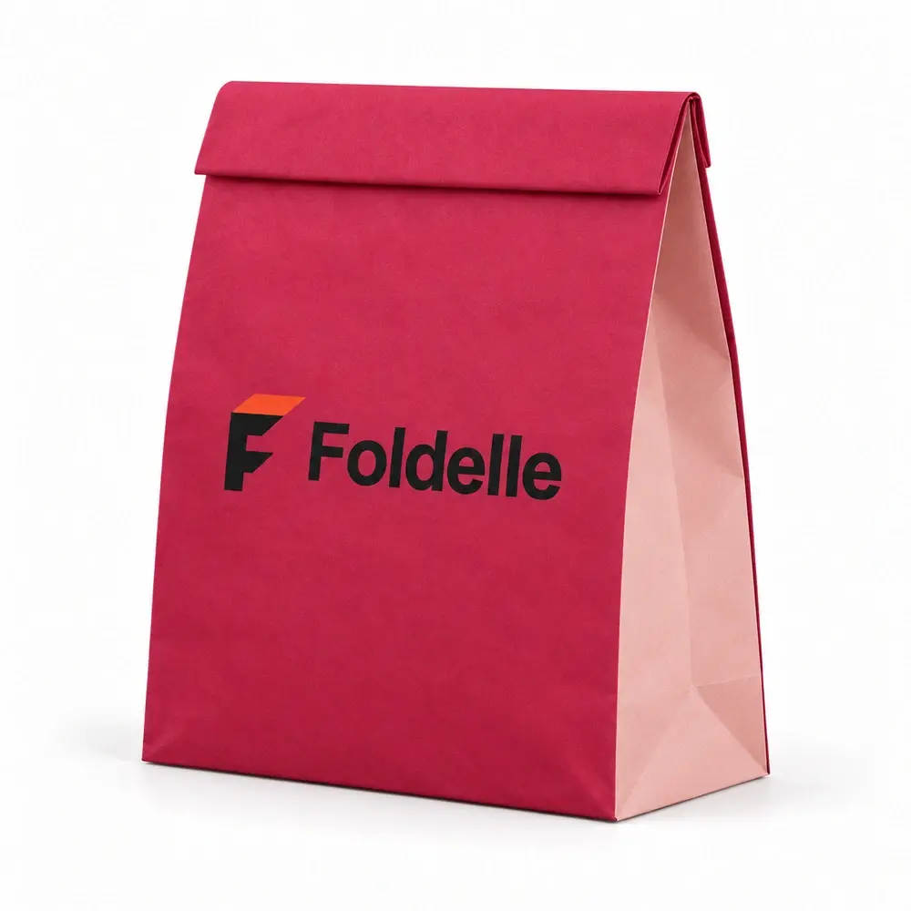 Alternate view of the raspberry with blush accents fold-top paper bags with Foldelle artwork