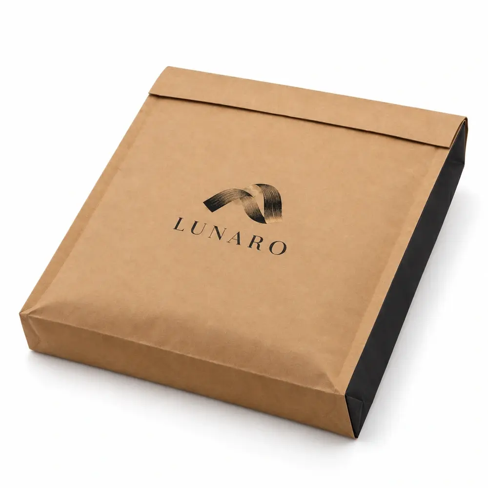 Alternate view of the warm kraft brown with black accents paper dispatch bags with LUNARO artwork