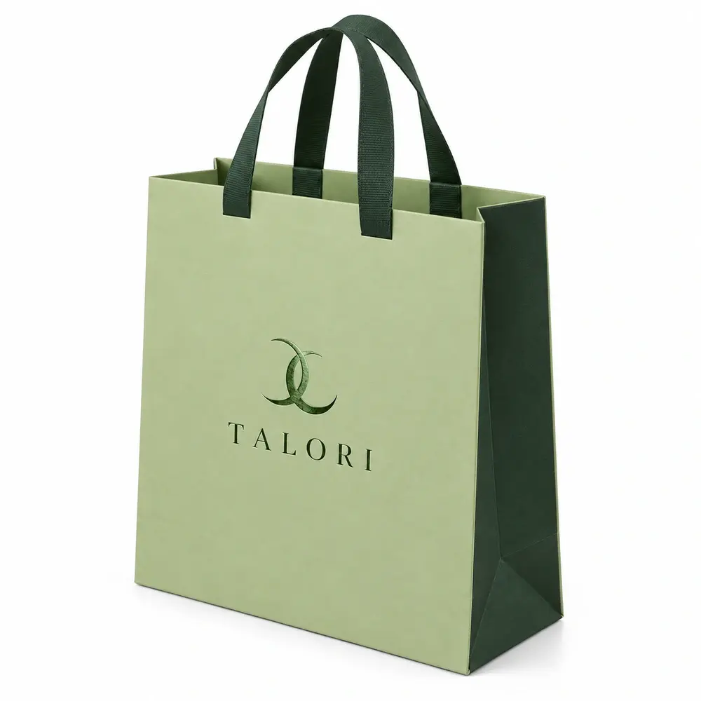 Alternate view of the pistachio with forest green accents ribbon-handle gift bags with TALORI artwork