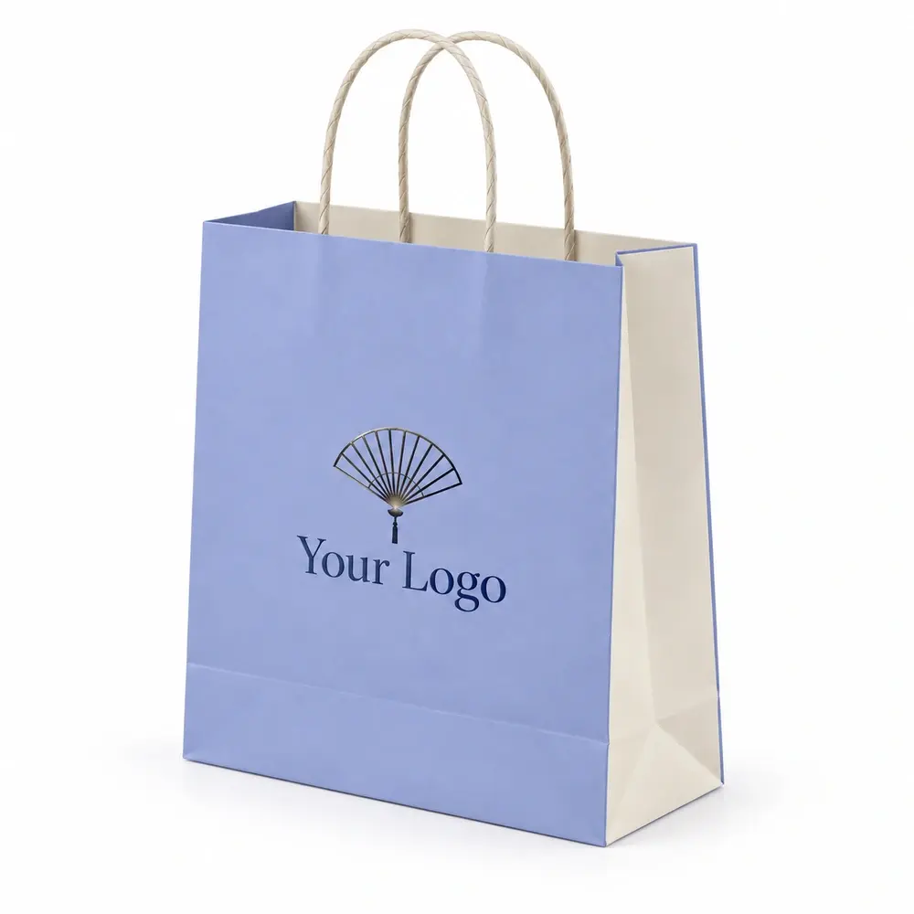 Alternate view of the periwinkle with ivory accents twisted-paper handle bags with Your Logo artwork