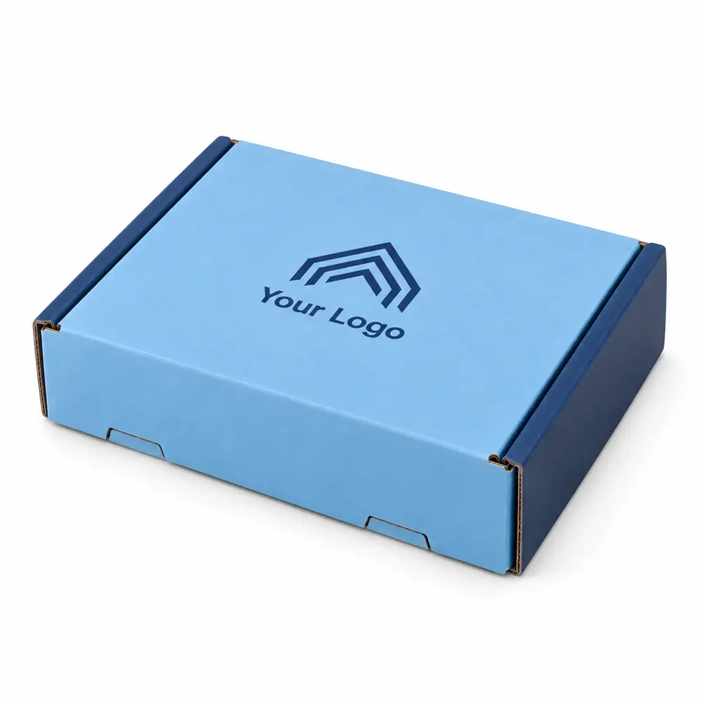 Alternate view of the sky blue with navy accents roll-end mailer boxes with Your Logo artwork