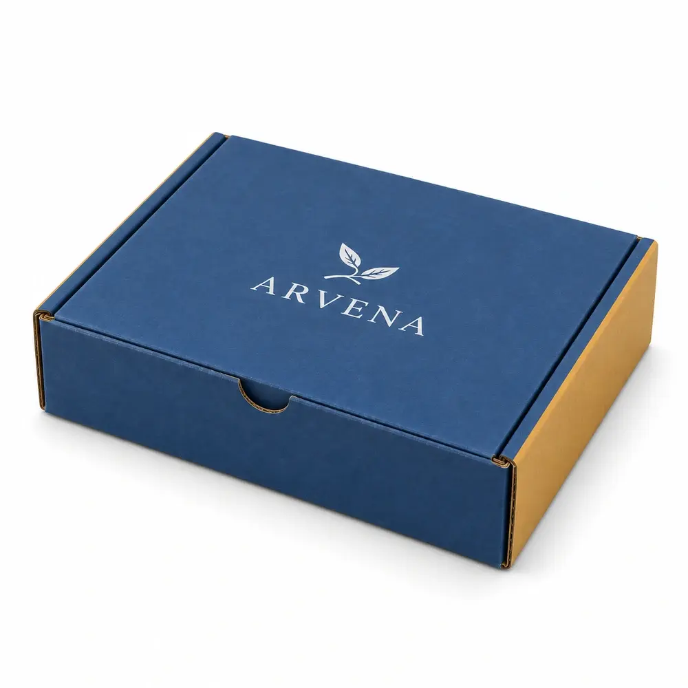 Alternate view of the denim blue with ochre accents tabbed subscription mailers with ARVENA artwork
