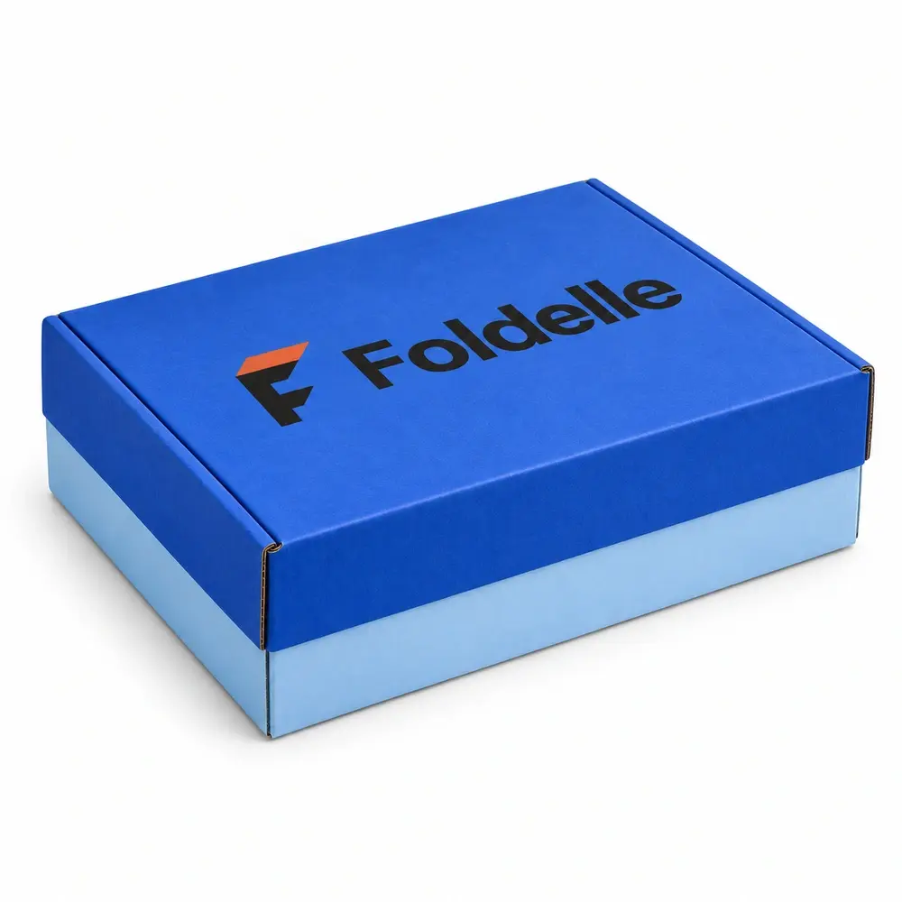 Alternate view of the cobalt blue with ice blue accents two-piece postal boxes with Foldelle artwork