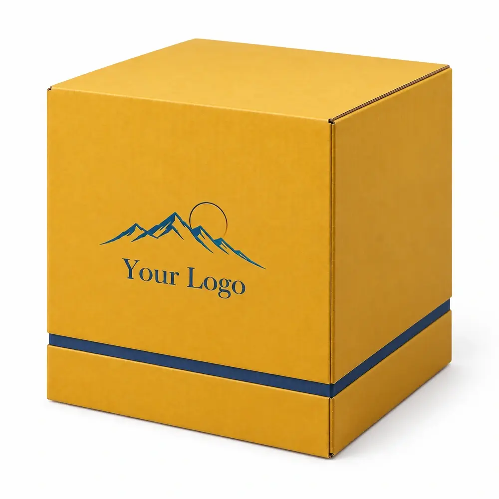 Alternate view of the saffron yellow with ink blue accents telescoping shipping boxes with Your Logo artwork