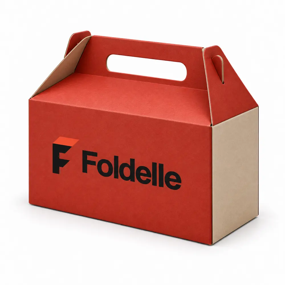 Alternate view of the brick red with sand accents gable gift cartons with Foldelle artwork