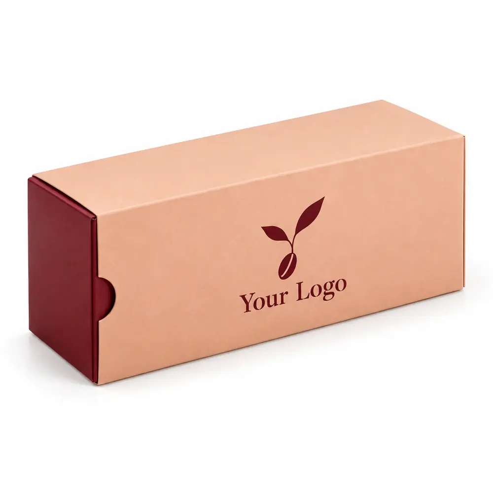 Alternate view of the peach with burgundy accents sleeve & tray cartons with Your Logo artwork