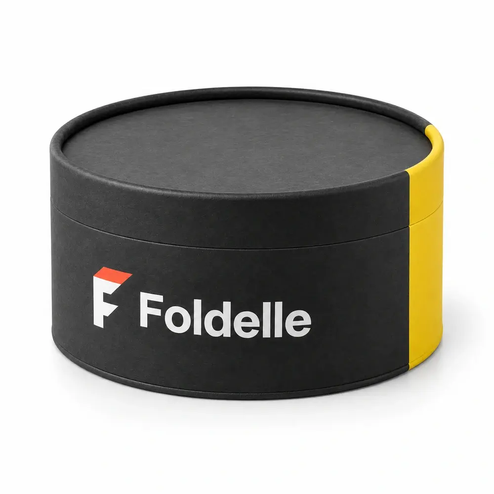 Alternate view of the charcoal with lemon yellow accents rolled-edge gift tubes with Foldelle artwork