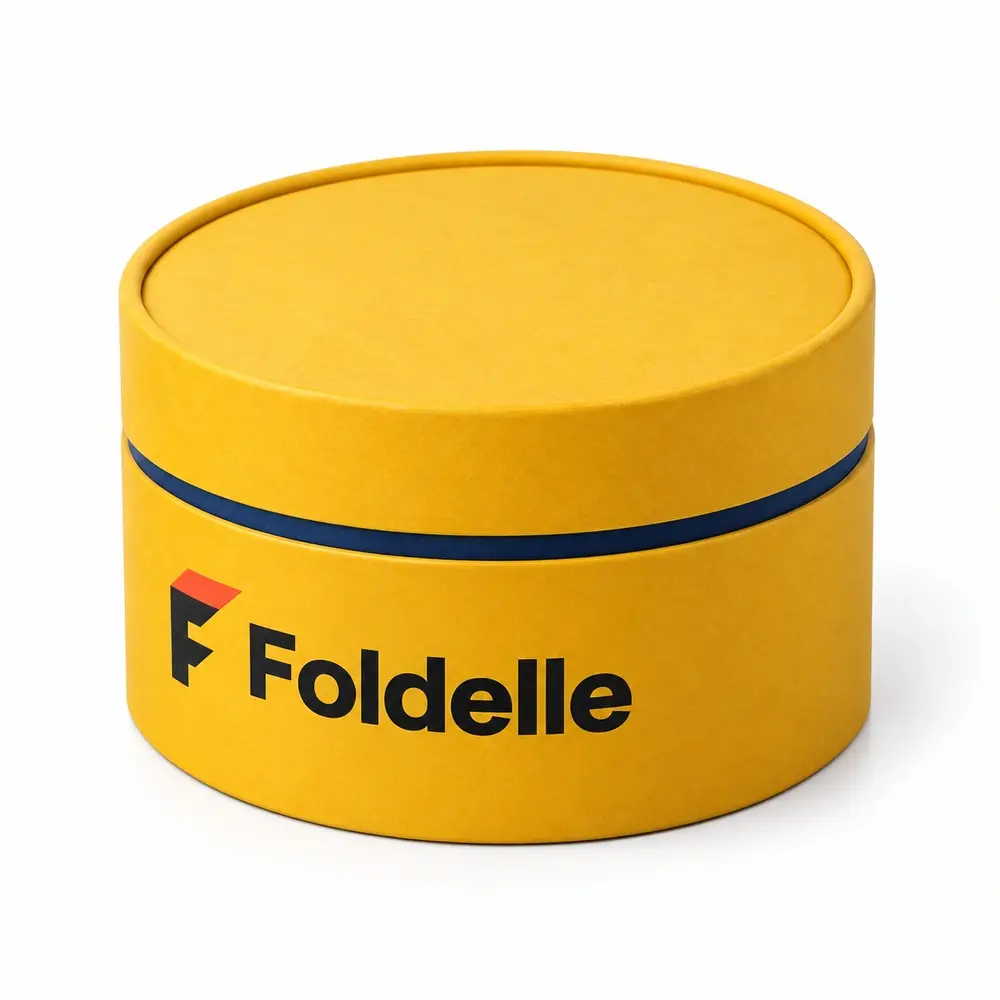 Alternate view of the saffron yellow with ink blue accents shoulder paper tubes with Foldelle artwork