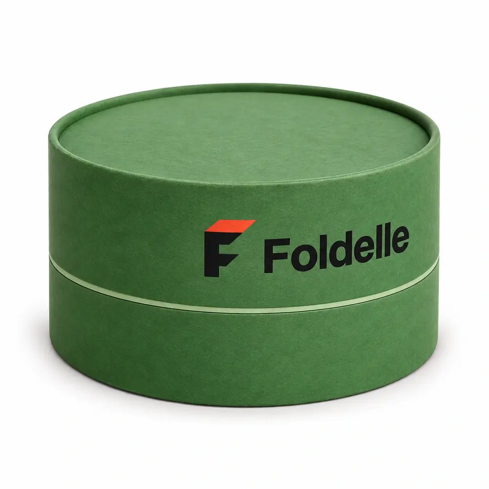Alternate view of the grass green with pale mint accents telescopic paper tubes with Foldelle artwork