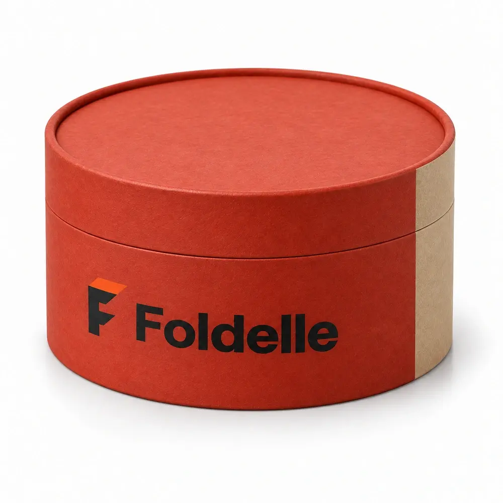Alternate view of the brick red with sand accents two-piece paper tubes with Foldelle artwork