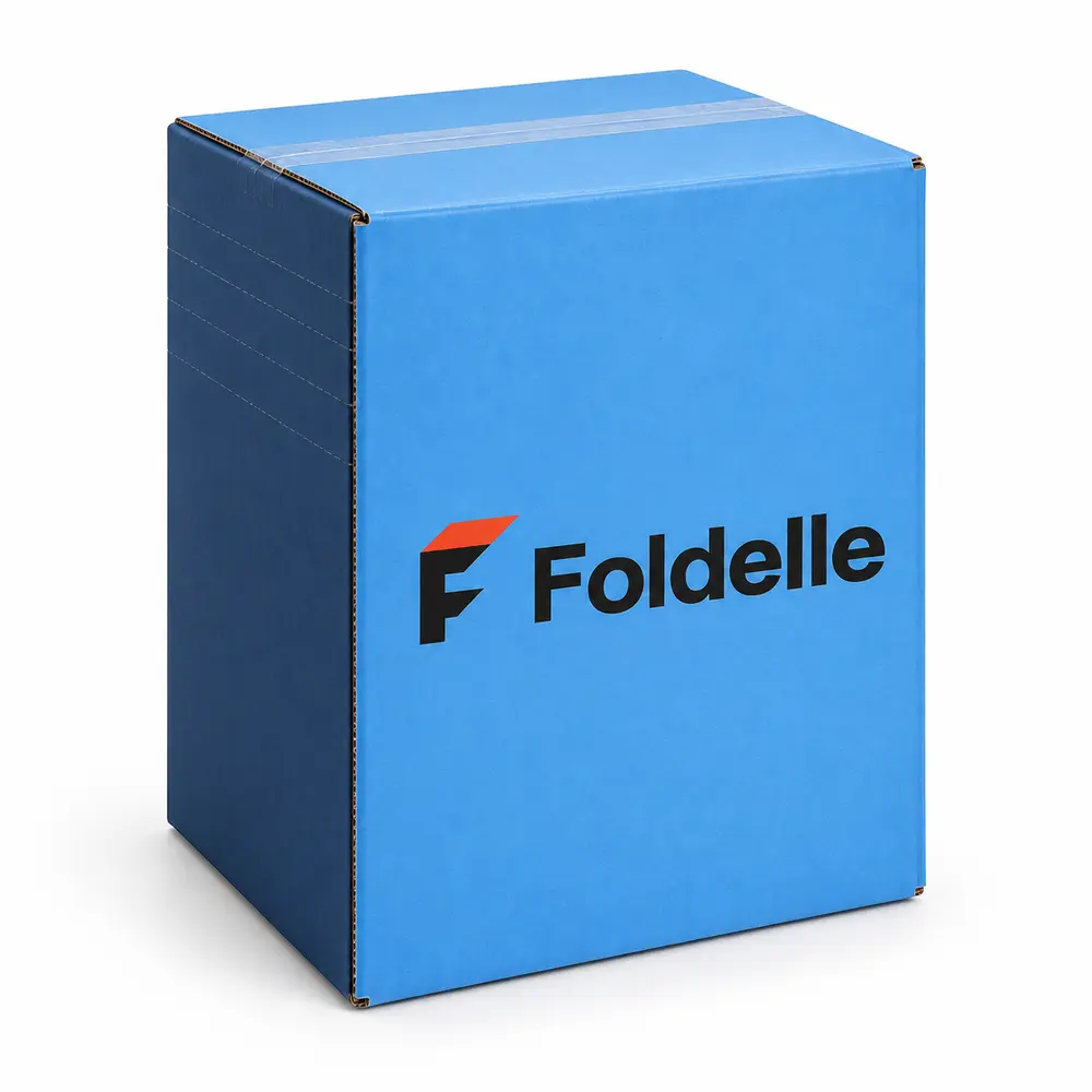 Alternate view of the sky blue with navy accents adjustable-depth shippers with Foldelle artwork