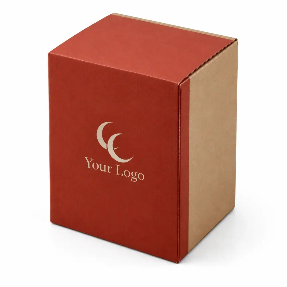 Alternate view of the brick red with sand accents full-overlap shippers with Your Logo artwork