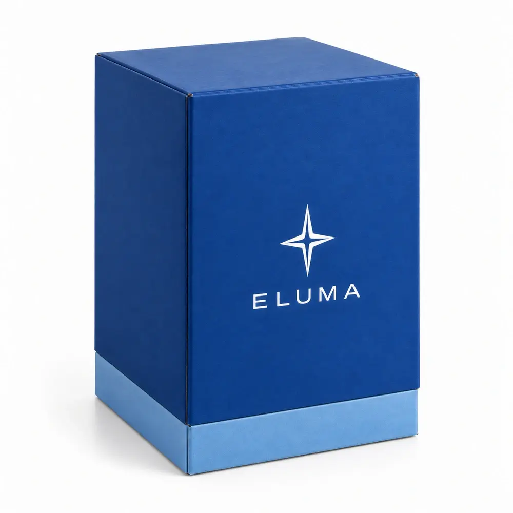 Alternate view of the cobalt blue with ice blue accents telescoping shipping boxes with ELUMA artwork